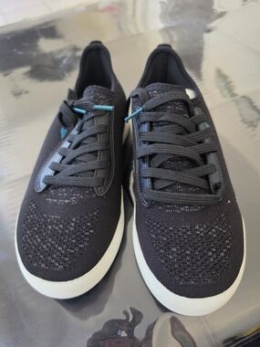 Vessi Black Knit Sneakers with White Sole and Teal Accents